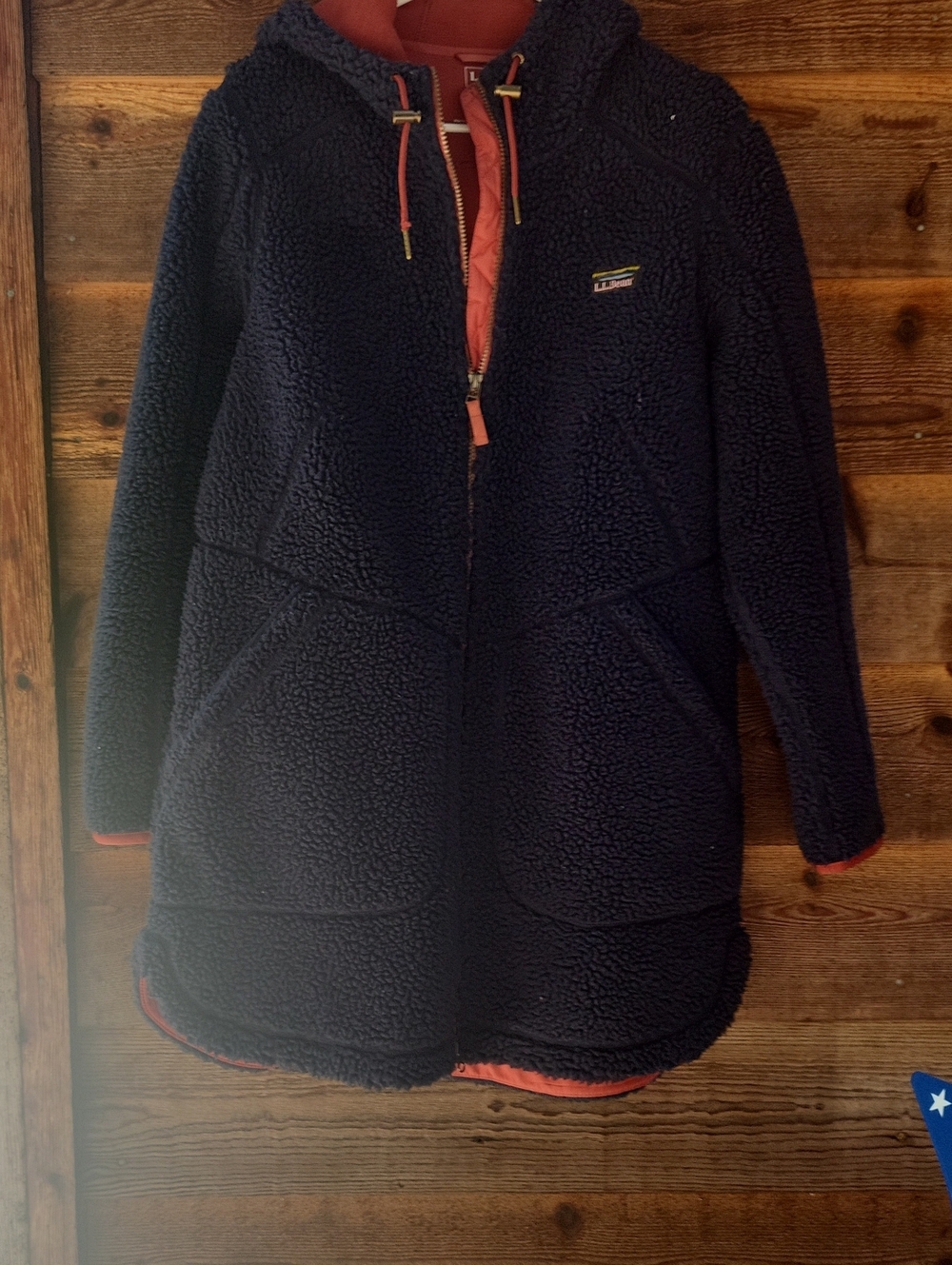 L.L. Bean Navy Sherpa Hooded Jacket with Rust Trim large